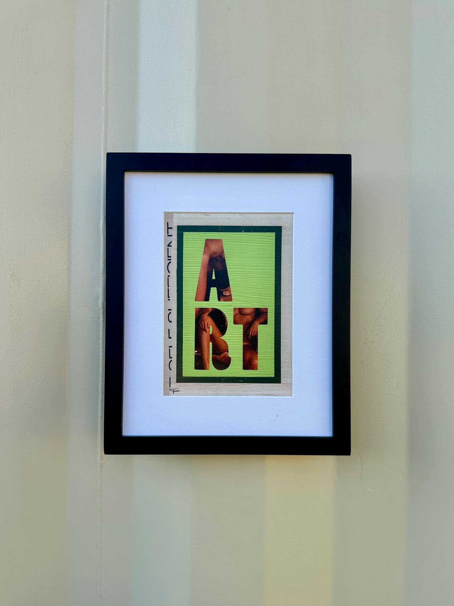 Framed print of original mixed media art featuring the word ART over image from vintage magazine